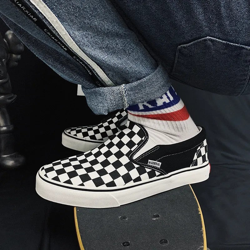 Vans black and white checkerboard lattice couple low top canvas shoes new pedal lazy shoes men's shoes women's shoes