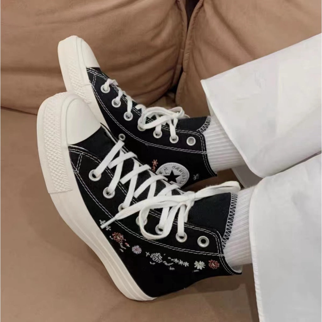 Converse Chuck Taylor Star Lift Floral Embroidery Black White High-Top Low-Top Platform Espadrilles Women's Sepatu canva