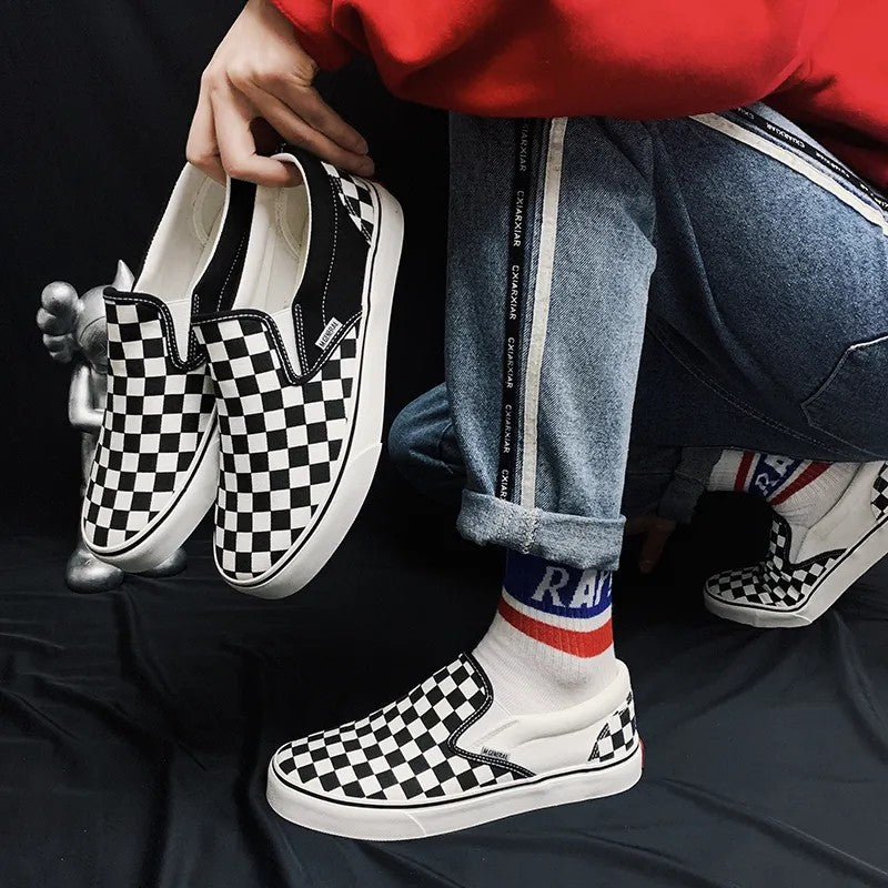 Vans black and white checkerboard lattice couple low top canvas shoes new pedal lazy shoes men's shoes women's shoes