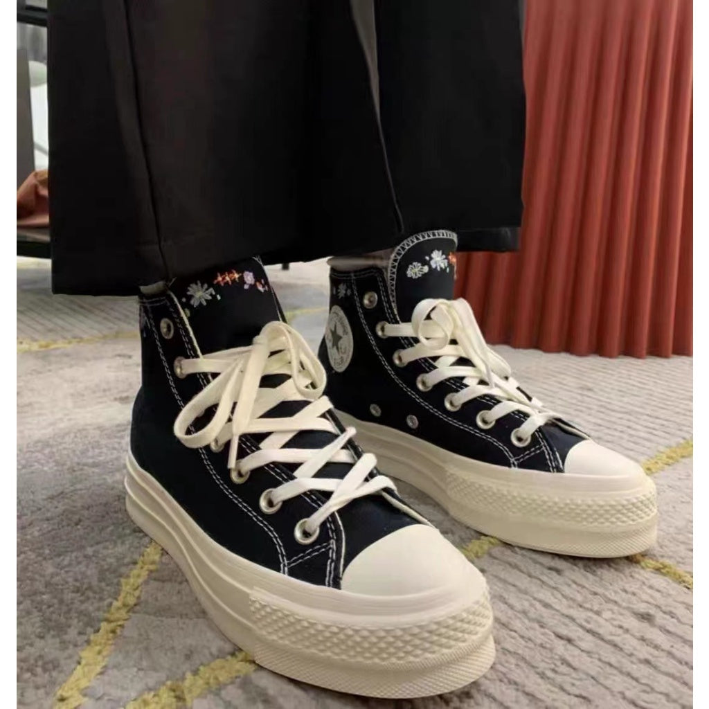 Converse Chuck Taylor Star Lift Floral Embroidery Black White High-Top Low-Top Platform Espadrilles Women's Sepatu canva