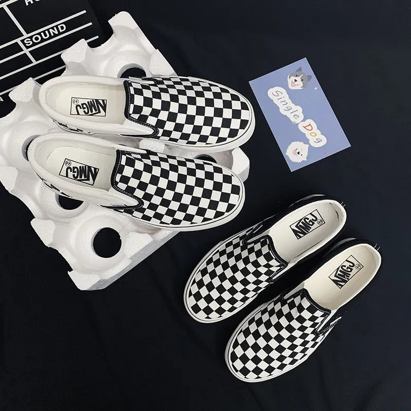 Vans black and white checkerboard lattice couple low top canvas shoes new pedal lazy shoes men's shoes women's shoes