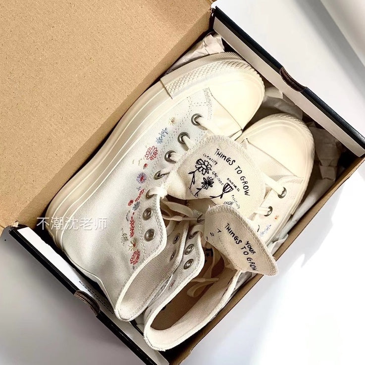 Converse Chuck Taylor Star Lift Floral Embroidery Black White High-Top Low-Top Platform Espadrilles Women's Sepatu canva