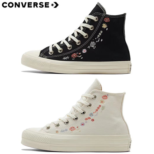 Converse Chuck Taylor Star Lift Floral Embroidery Black White High-Top Low-Top Platform Espadrilles Women's Sepatu canva